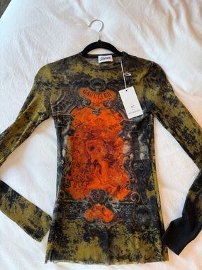 Jean Paul Gaultier Olive Green, Black & Orange Printed Long Sleeve Top